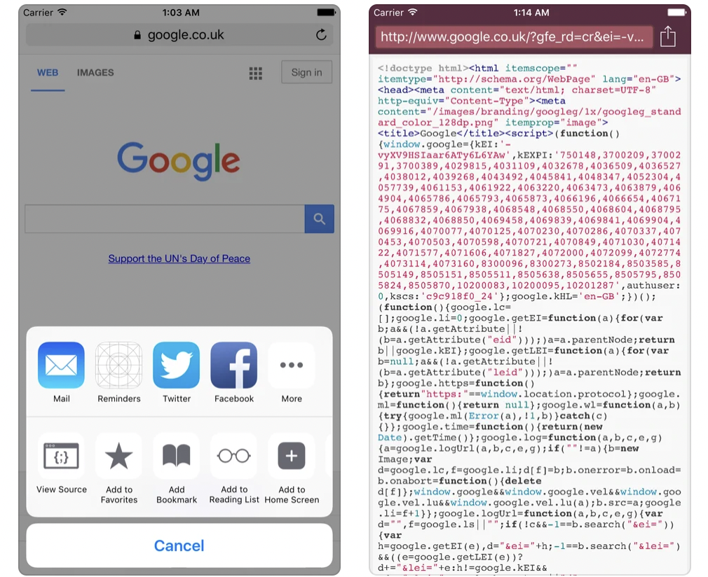 how to view page source safari iphone