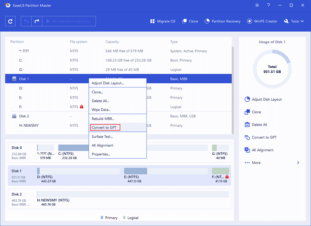 EaseUS Convert MBR to GPT