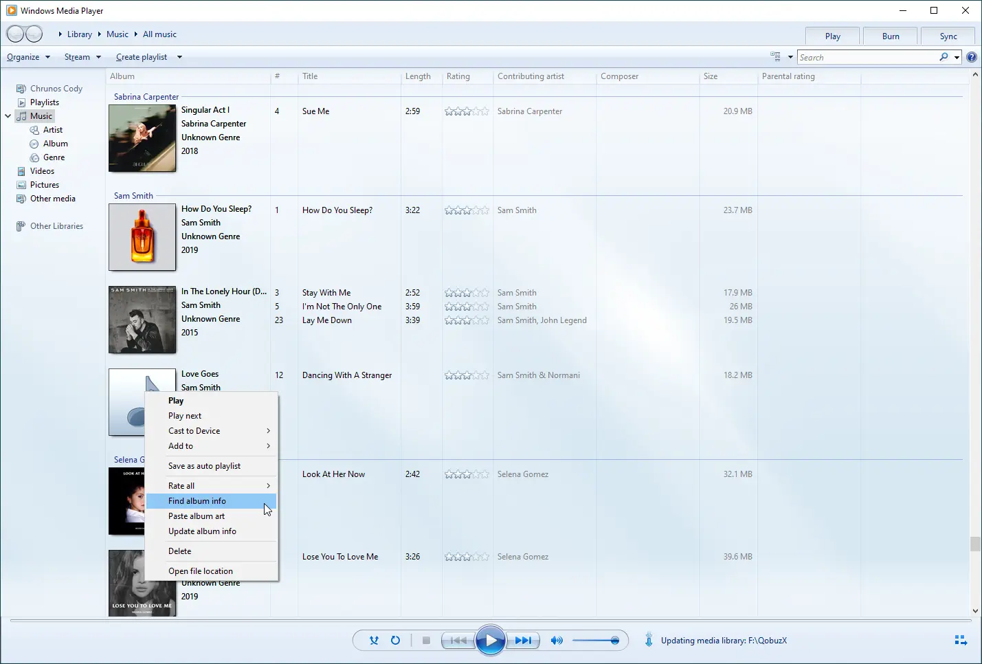 Adding Artwork using Windows Media Player