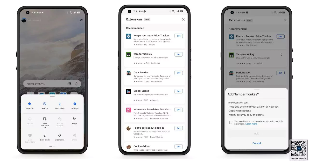 Edge for Android Supports Extensions